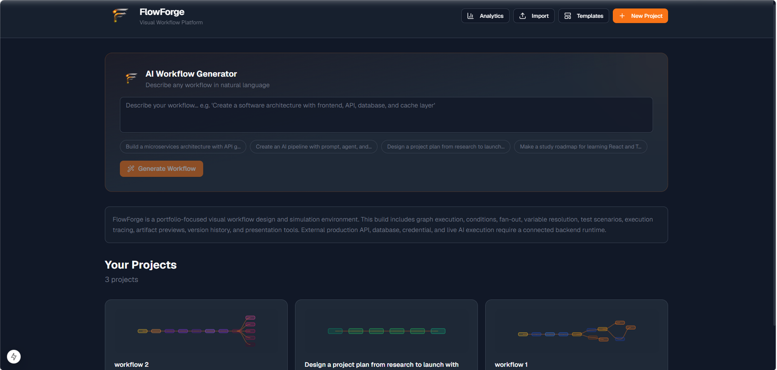 FlowForge dashboard with AI workflow generator and project cards
