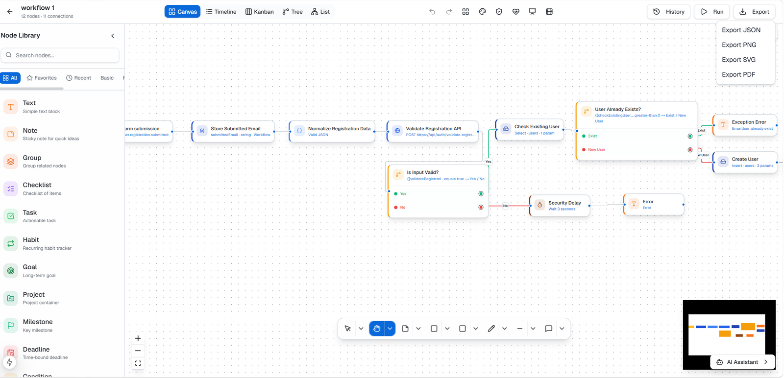 FlowForge export menu with JSON, PNG, SVG, and PDF options