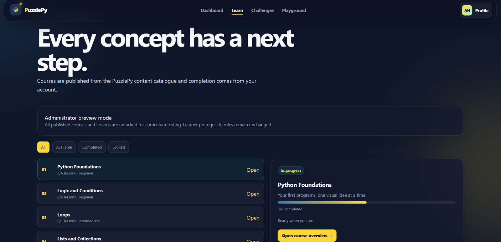 PuzzlePy course catalogue with learning paths