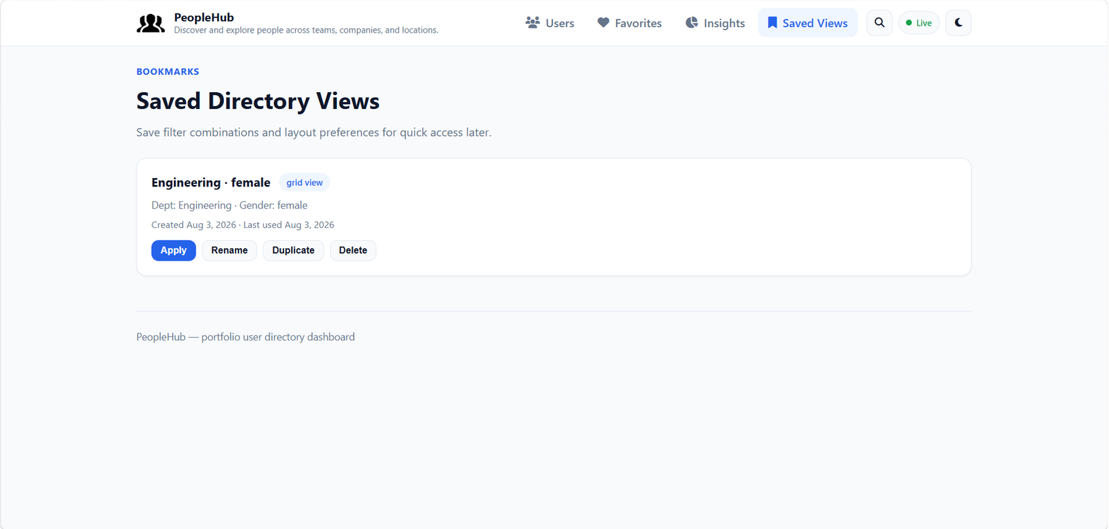 PeopleHub saved directory views page