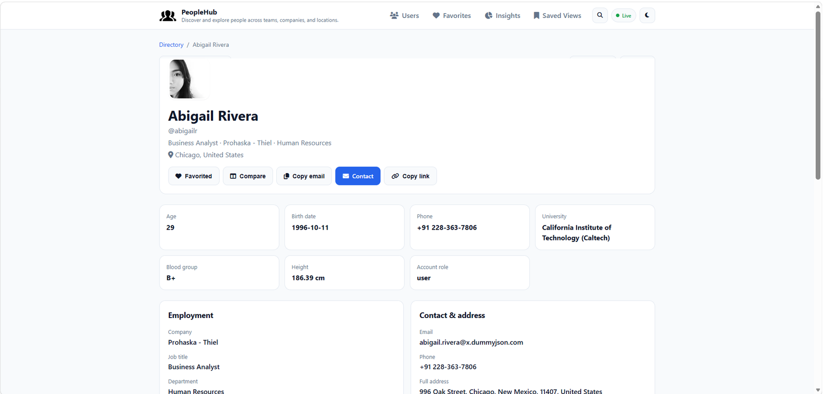 PeopleHub user profile page for Abigail Rivera