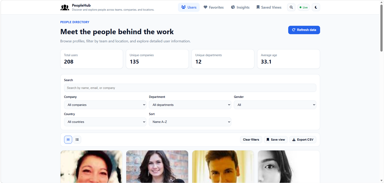 PeopleHub users dashboard with statistics, filters, and profile grid