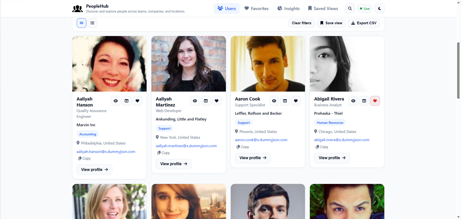 PeopleHub users grid with profile cards
